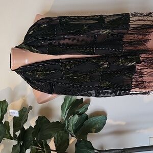 Black Burnout Velvet Silk Scarf – Beaded Detail – Sheer Patchwork – 20” x 56”